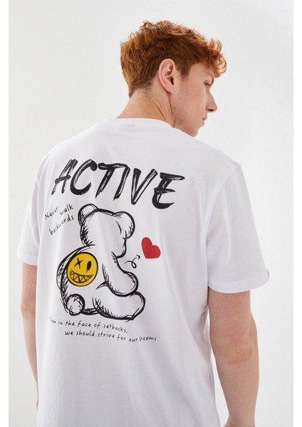 Active Boykot Baskılı Bisiklet Yaka Regular Fit Tişört Beyaz