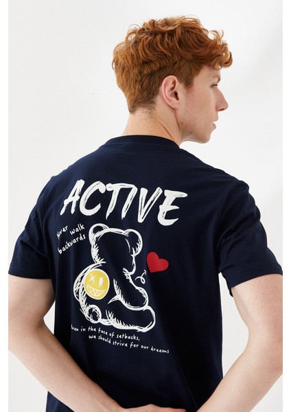 Active Boykot Baskılı Bisiklet Yaka Regular Fit Tişört Lacivert modelleri