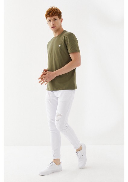 Göğüs Ebabil Silüet Baskı Düz Desen Bisiklet Yaka Regular Fit Tişört Haki