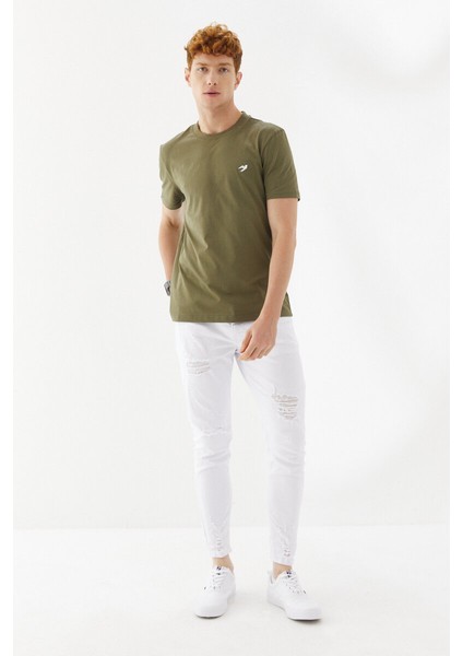 Göğüs Ebabil Silüet Baskı Düz Desen Bisiklet Yaka Regular Fit Tişört Haki fiyatları