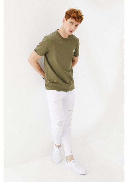 Göğüs Ebabil Silüet Baskı Düz Desen Bisiklet Yaka Regular Fit Tişört Haki modelleri