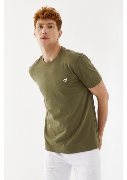 Göğüs Ebabil Silüet Baskı Düz Desen Bisiklet Yaka Regular Fit Tişört Haki fırsatları