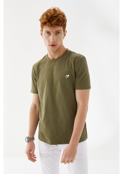 Göğüs Ebabil Silüet Baskı Düz Desen Bisiklet Yaka Regular Fit Tişört Haki indirimleri