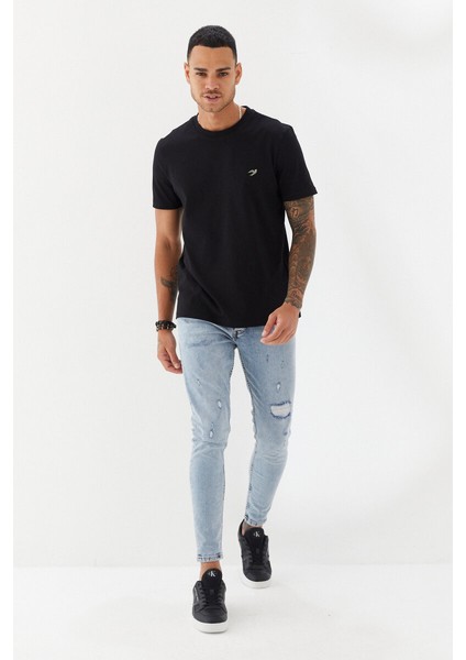 Göğüs Ebabil Silüet Baskı Düz Desen Bisiklet Yaka Regular Fit Tişört Siyah