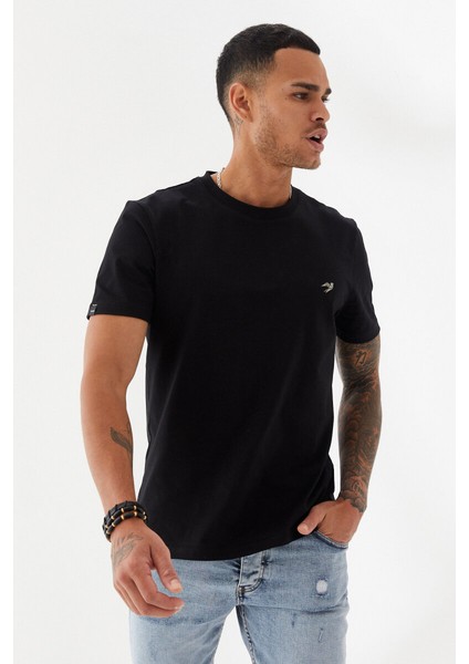 Göğüs Ebabil Silüet Baskı Düz Desen Bisiklet Yaka Regular Fit Tişört Siyah indirimleri