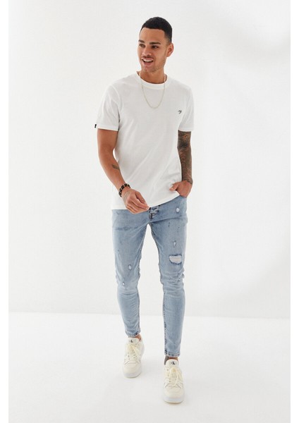 Göğüs Ebabil Silüet Baskı Düz Desen Bisiklet Yaka Regular Fit Tişört Ekru