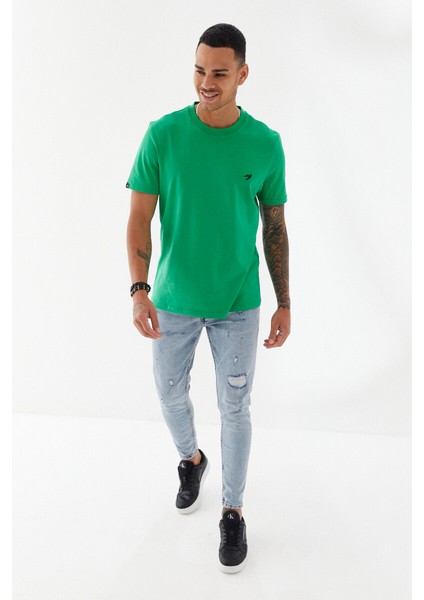 Göğüs Ebabil Silüet Baskı Düz Desen Bisiklet Yaka Regular Fit Tişört Benetton Yeşili