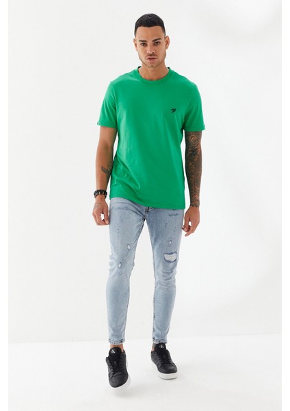 Göğüs Ebabil Silüet Baskı Düz Desen Bisiklet Yaka Regular Fit Tişört Benetton Yeşili