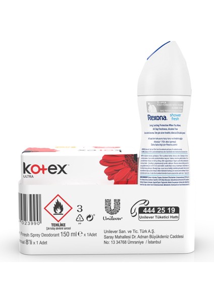 Kadın Sprey Deodorant Shower Fresh 150 Ml + Kotex Ped Normal 8'Li