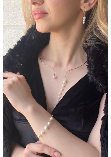 14 Ayar Altın Kadın Sallantılı Inci Kolye Küpe Bileklik 3'lü Set