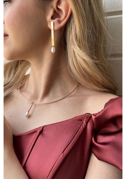 14 Ayar Altın Tatlı Su Incisi Choker Kadın Kolye Küpe 2'li Set