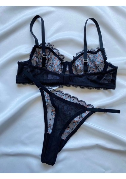 Süsen Lingerie Mavi Çiçekli Siyah Brode Sütyen Takım, Kadın Sexy Iç Çamaşırı,dantel Tül Fantezi Iç Çamaşırı