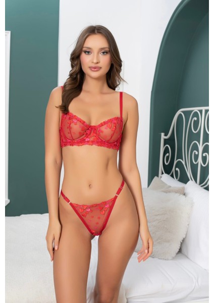 Süsen Lingerie Kırmızı Brode Sütyen Takım, Iç Giyim Kadın, Kadın Sexy Iç Çamaşırı,dantel Tül Fantezi Iç Çamaşırı