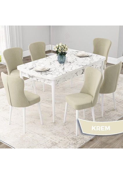 Concept Due Serisi 80X132 Açılabilir Beyaz Mermer Desen Mutfak Masası Takımı ve 6 Sandalye