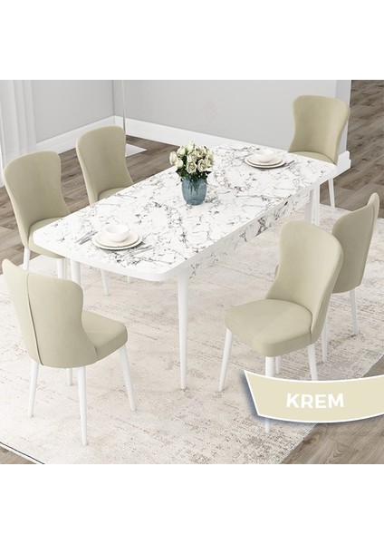 Concept Due Serisi 80X132 Açılabilir Beyaz Mermer Desen Mutfak Masası Takımı ve 6 Sandalye fiyatları