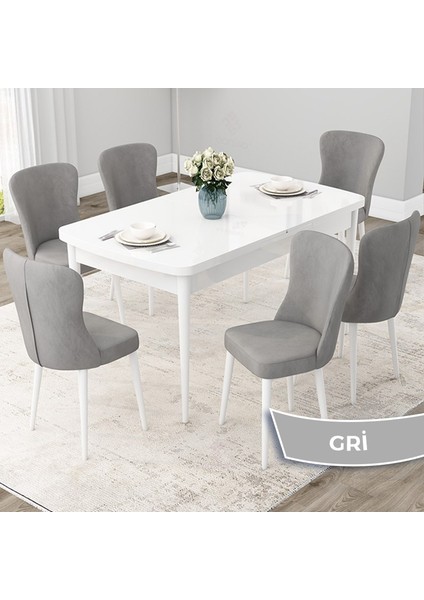 Concept Due Serisi 80X132 Açılabilir Beyaz Mutfak Masası Takımı ve 6 Sandalye