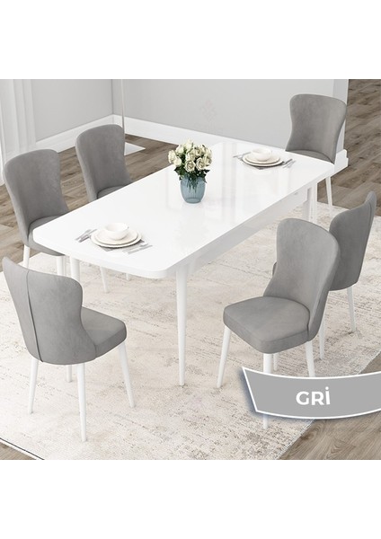 Concept Due Serisi 80X132 Açılabilir Beyaz Mutfak Masası Takımı ve 6 Sandalye