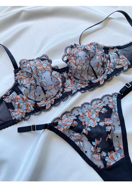 Süsen Lingerie Mavi Çiçekli Siyah Brode Sütyen Takım, Kadın Sexy Iç Çamaşırı,dantel Tül Fantezi Iç Çamaşırı