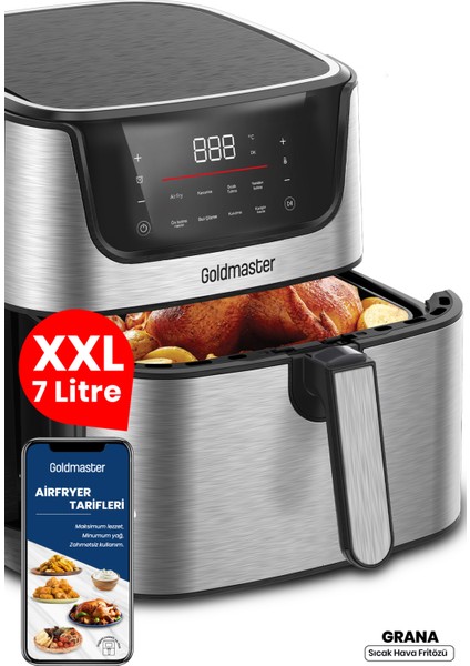 Grana Sıcak Tutma Buz Çözme Kurutma Özellikli 7 Litre Xxl Dokunmatik Inox Airfryer Sıcak Hava Fritözü