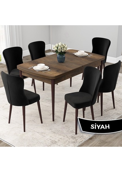 Concept Due Serisi 80X132 Açılabilir Barok Ahşap Desen Mutfak Masası Takımı ve 6 Sandalye