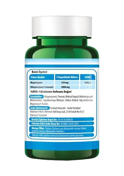 Magnesium L-Threonate 2000 mg 90 Vegan Kapsül Magnezyum 159 mg Magnezyum L-Treonat fiyatları