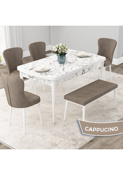 Concept Due Serisi 80X132 Açılabilir Beyaz Mermer Desen Mutfak Masası Takımı 4 Sandalye ve 1 Bench