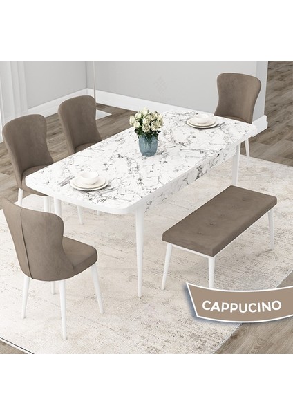 Concept Due Serisi 80X132 Açılabilir Beyaz Mermer Desen Mutfak Masası Takımı 4 Sandalye ve 1 Bench fiyatları