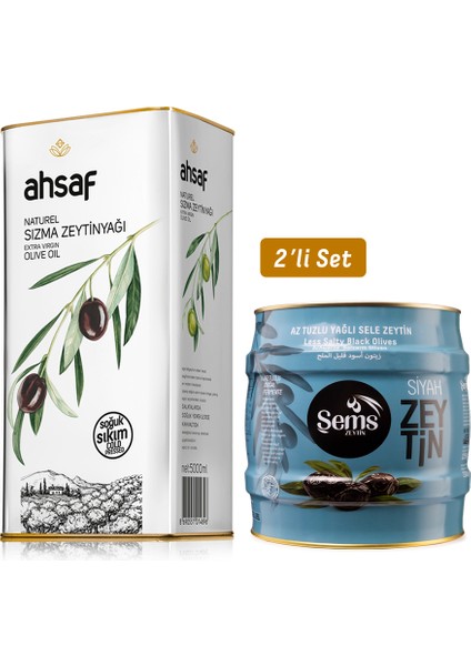 Şems Yağlı Siyah Sele Zeytin 2 kg 261-290 Kalibre + Soğuk Sıkım Natürel Sızma Zeytinyağı 5l -Teneke (2'li Ekonomik Paket)