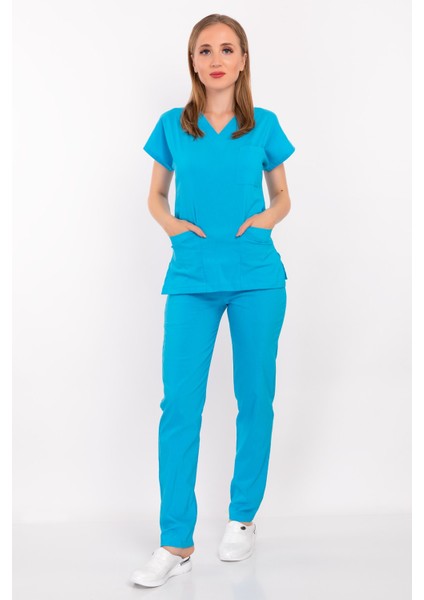 Gökyüzü Likralı Doktor Hemşire Cerrahi Hastane Scrubs Üniforma Takımı