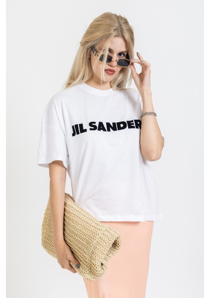 Jil Sander Yazılı Baskılı Oversize Tişört, Tarz Trend Tişört, Pamuklu, Bisiklet Yaka
