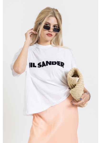 Jil Sander Yazılı Baskılı Oversize Tişört, Tarz Trend Tişört, Pamuklu, Bisiklet Yaka