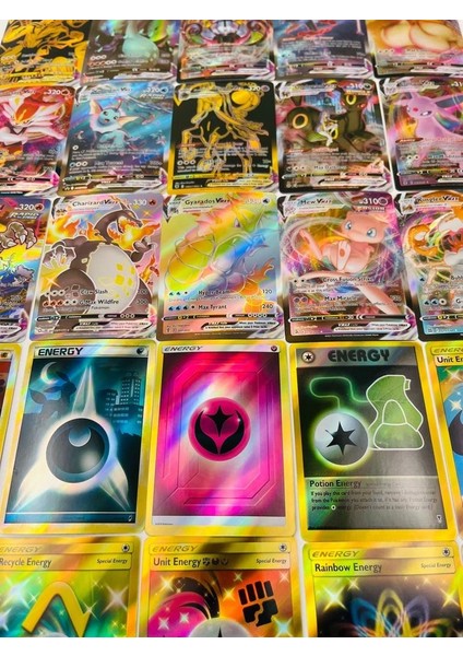 Abetto Market Pokemon Gx, Vmax, Vstar ve Energy Set 100 Adet Pokemon Parlak Oyun Kartı