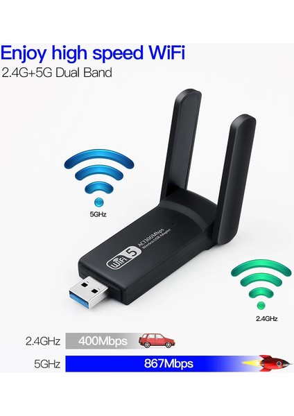 BN43 USB Wifi Kablosuz Ağ Adaptörü Wireless 1300MBPS Windows Macos Linux