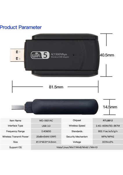 BN43 USB Wifi Kablosuz Ağ Adaptörü Wireless 1300MBPS Windows Macos Linux