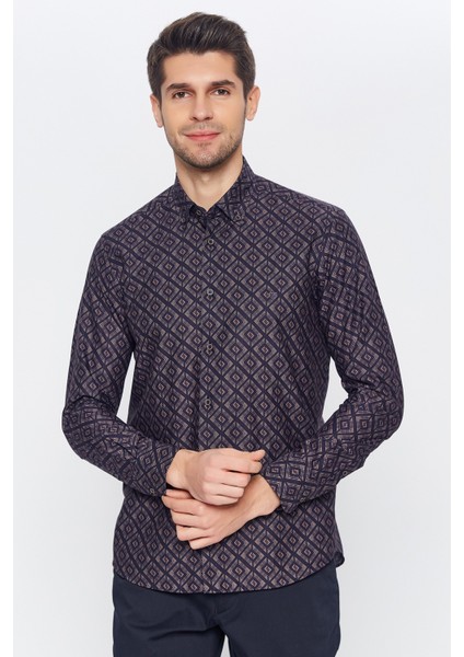 Erkek Lacivert Multicolor Desenli Slim Fit Uzun Kol Gömlek
