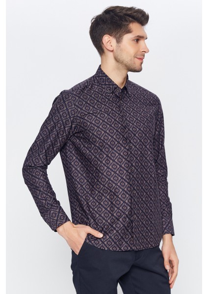 Erkek Lacivert Multicolor Desenli Slim Fit Uzun Kol Gömlek