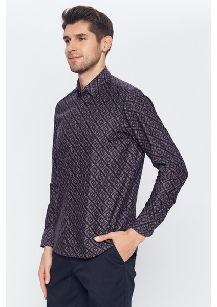 Erkek Lacivert Multicolor Desenli Slim Fit Uzun Kol Gömlek