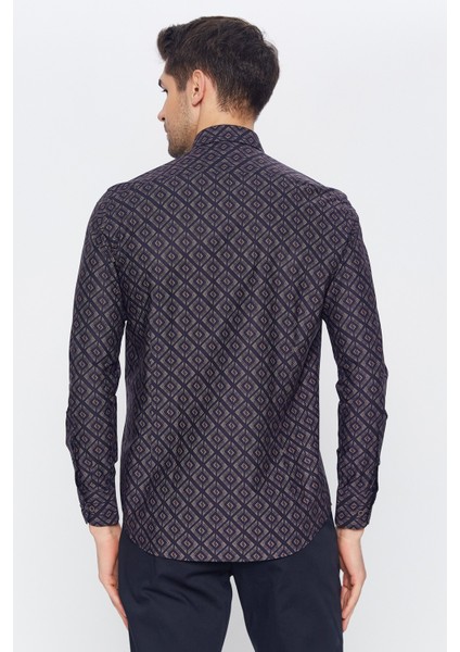 Erkek Lacivert Multicolor Desenli Slim Fit Uzun Kol Gömlek