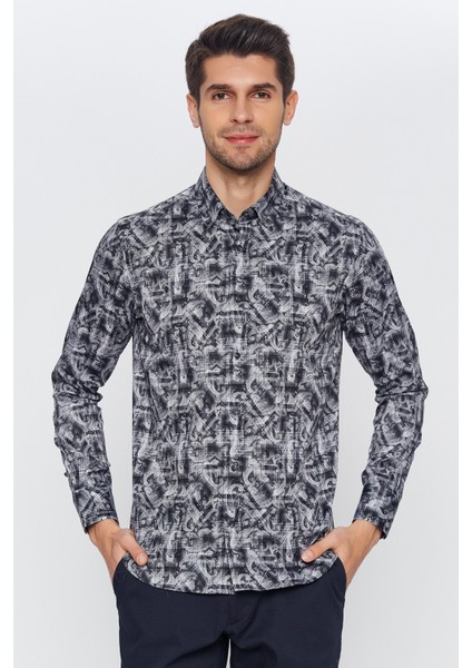 Erkek Siyah Multicolor Desenli Slim Fit Uzun Kol Gömlek