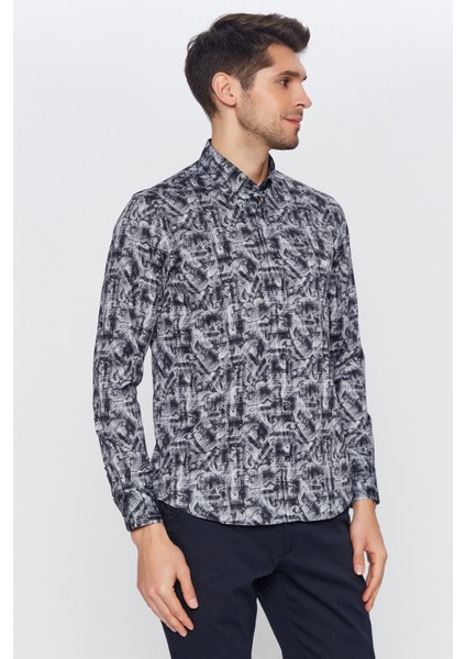 Erkek Siyah Multicolor Desenli Slim Fit Uzun Kol Gömlek