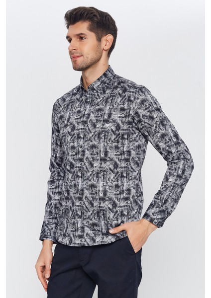 Erkek Siyah Multicolor Desenli Slim Fit Uzun Kol Gömlek