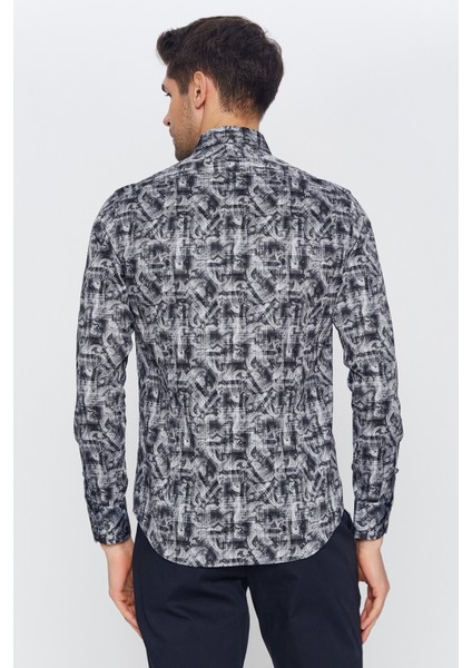 Erkek Siyah Multicolor Desenli Slim Fit Uzun Kol Gömlek