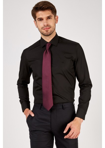 Erkek Siyah Düz Slim Fit Uzun Kol Gömlek