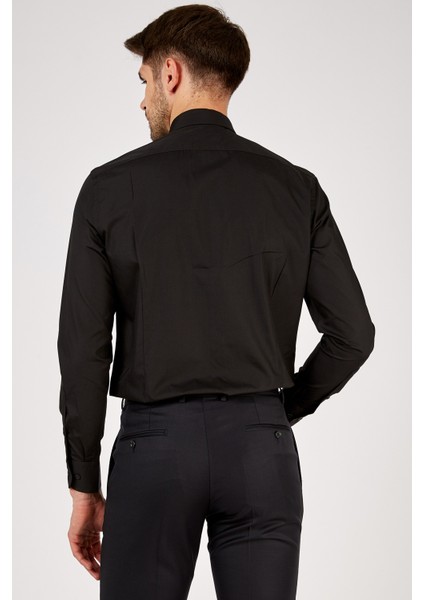 Erkek Siyah Düz Slim Fit Uzun Kol Gömlek