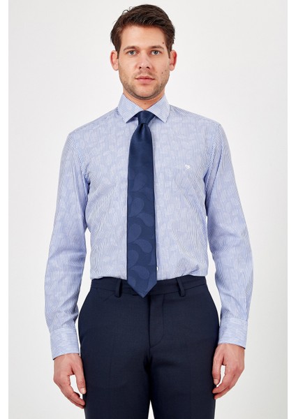 Erkek Açık Mavi Çizgili Slim Fit Uzun Kol Gömlek