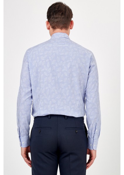 Erkek Açık Mavi Çizgili Slim Fit Uzun Kol Gömlek