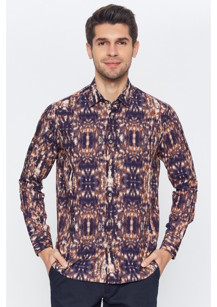 Erkek Lacivert Multicolor Desenli Slim Fit Uzun Kol Gömlek