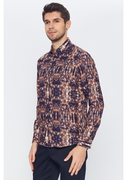 Erkek Lacivert Multicolor Desenli Slim Fit Uzun Kol Gömlek