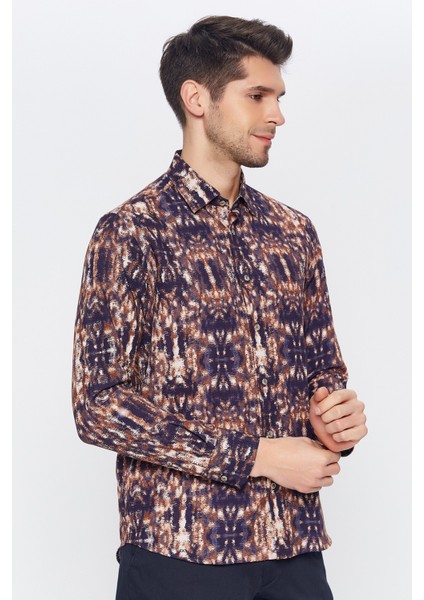 Erkek Lacivert Multicolor Desenli Slim Fit Uzun Kol Gömlek