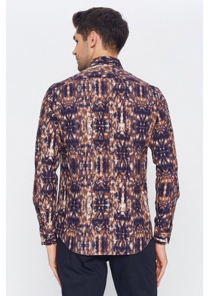 Erkek Lacivert Multicolor Desenli Slim Fit Uzun Kol Gömlek